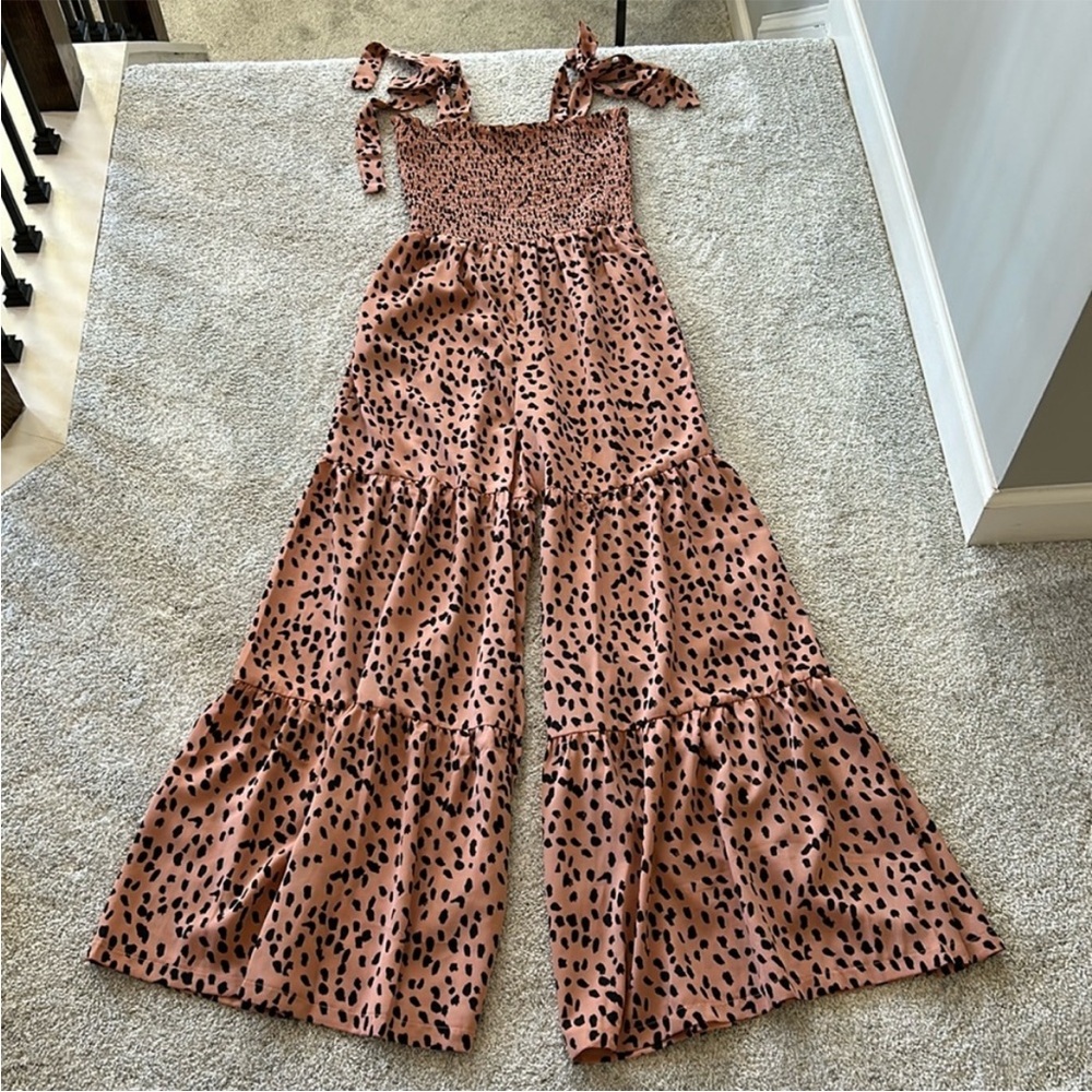 Leopard Print Smocked, Wide Leg Jumpsuit - Picture 1 of 7